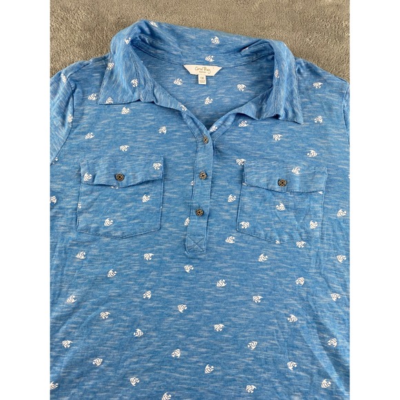 Coral Bay Women's Blue Fish Print Polo Shirt Size 1X Short Sleeve Collared - Picture 2 of 9